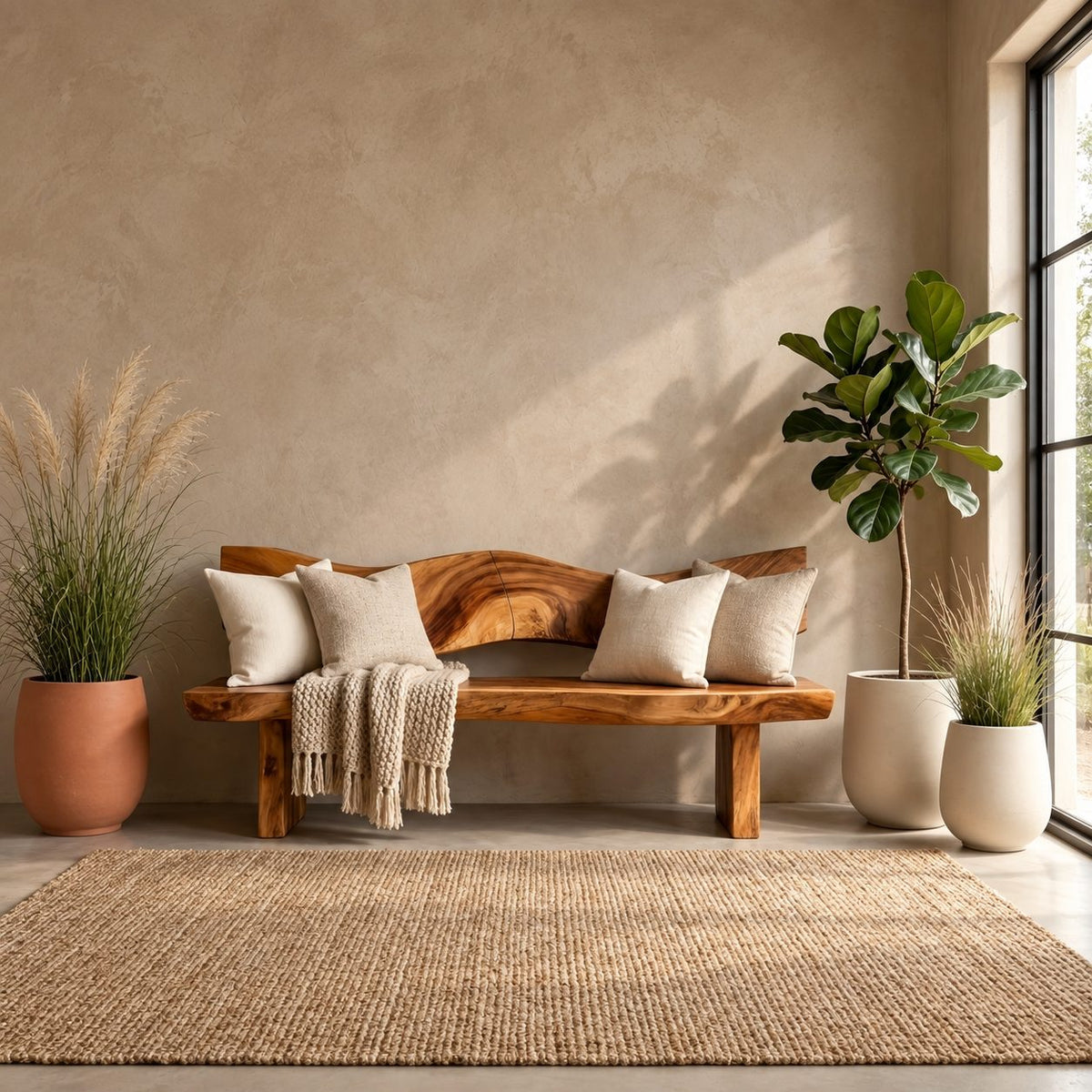 Wave Cut Slab Backrest Bench, Natural Live Edge Solid Wood Entryway Bench on Thick Slab Legs