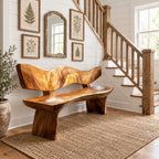 Wave Cut Slab Backrest Bench, Natural Live Edge Solid Wood Entryway Bench on Thick Slab Legs