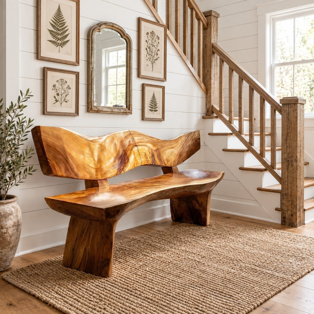 Wave Cut Slab Backrest Bench, Natural Live Edge Solid Wood Entryway Bench on Thick Slab Legs