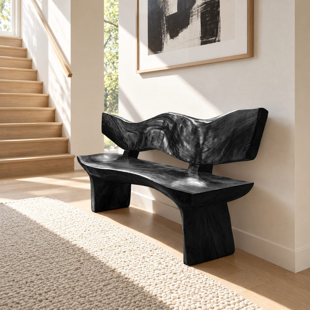 Wave Cut Slab Backrest Bench, Natural Live Edge Solid Wood Entryway Bench on Thick Slab Legs