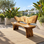 Wave Cut Slab Backrest Bench, Natural Live Edge Solid Wood Entryway Bench on Thick Slab Legs