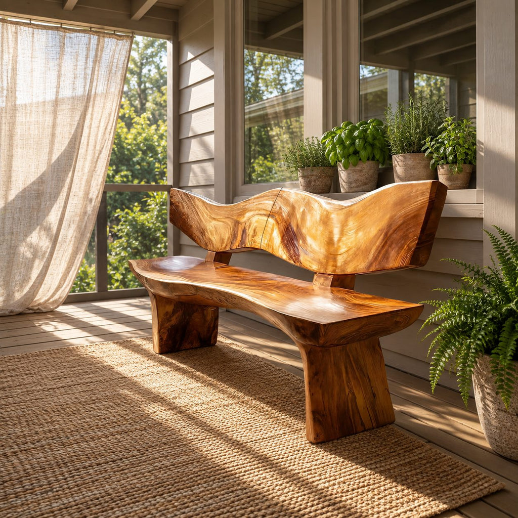 Wave Cut Slab Backrest Bench, Natural Live Edge Solid Wood Entryway Bench on Thick Slab Legs