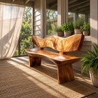 Wave Cut Slab Backrest Bench, Natural Live Edge Solid Wood Entryway Bench on Thick Slab Legs