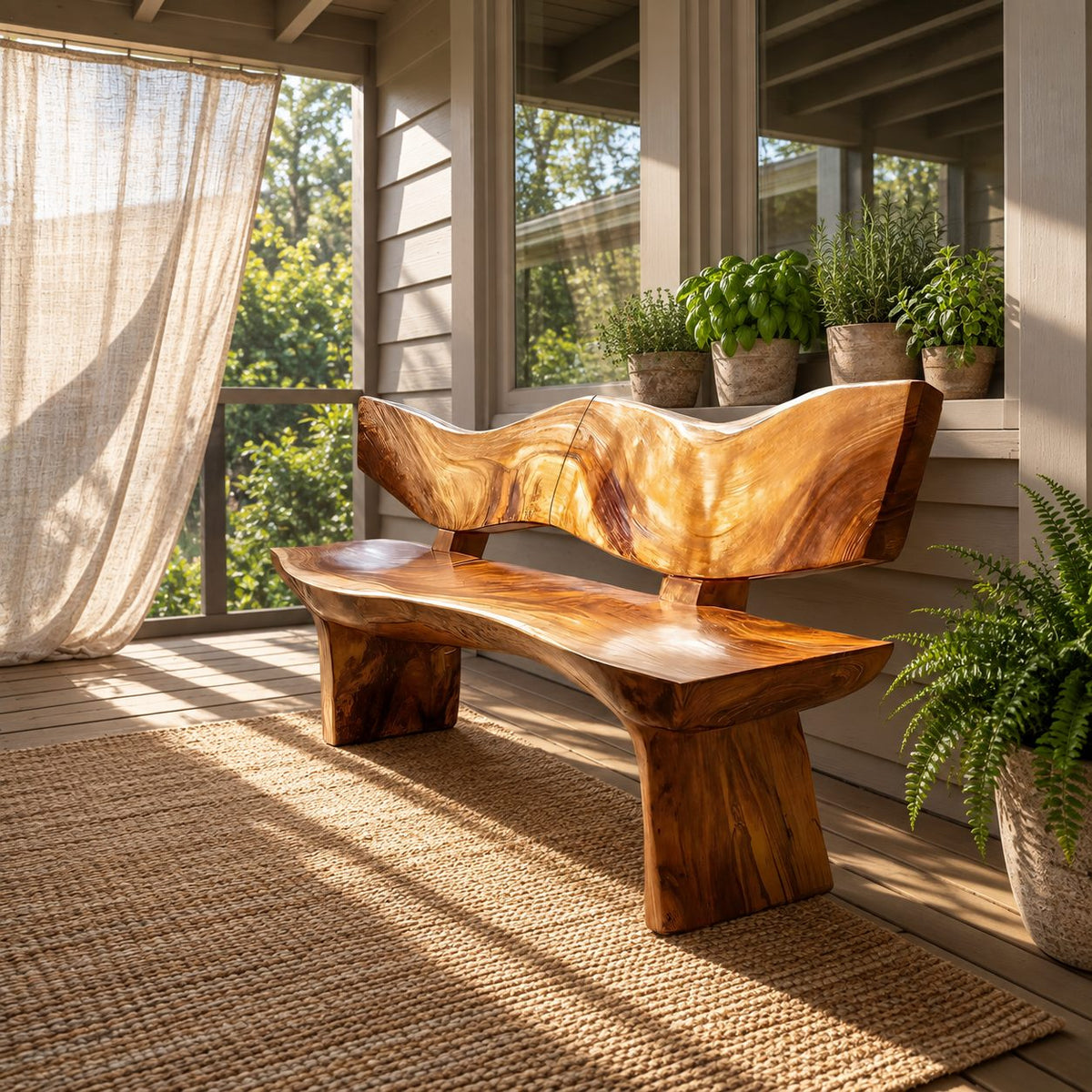 Wave Cut Slab Backrest Bench, Natural Live Edge Solid Wood Entryway Bench on Thick Slab Legs