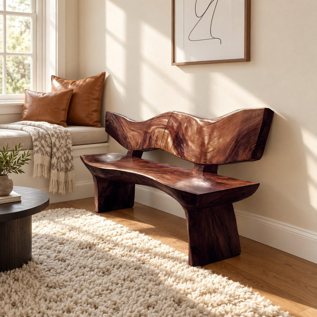 Wave Cut Slab Backrest Bench, Natural Live Edge Solid Wood Entryway Bench on Thick Slab Legs
