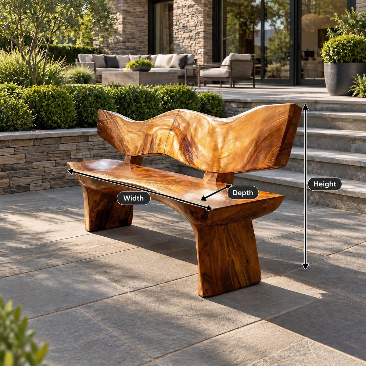 Wave Cut Slab Backrest Bench, Natural Live Edge Solid Wood Entryway Bench on Thick Slab Legs