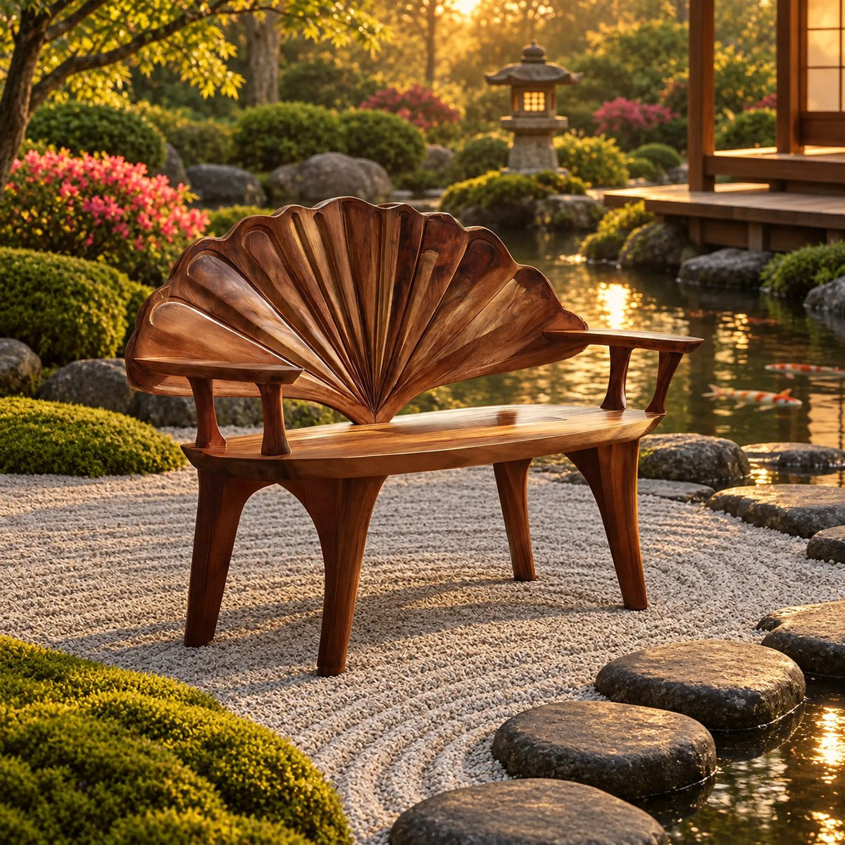 Ribbed Scallop Fan Back Bench, Carved Solid Wood Entryway Bench with Squared Arms and Arched Legs