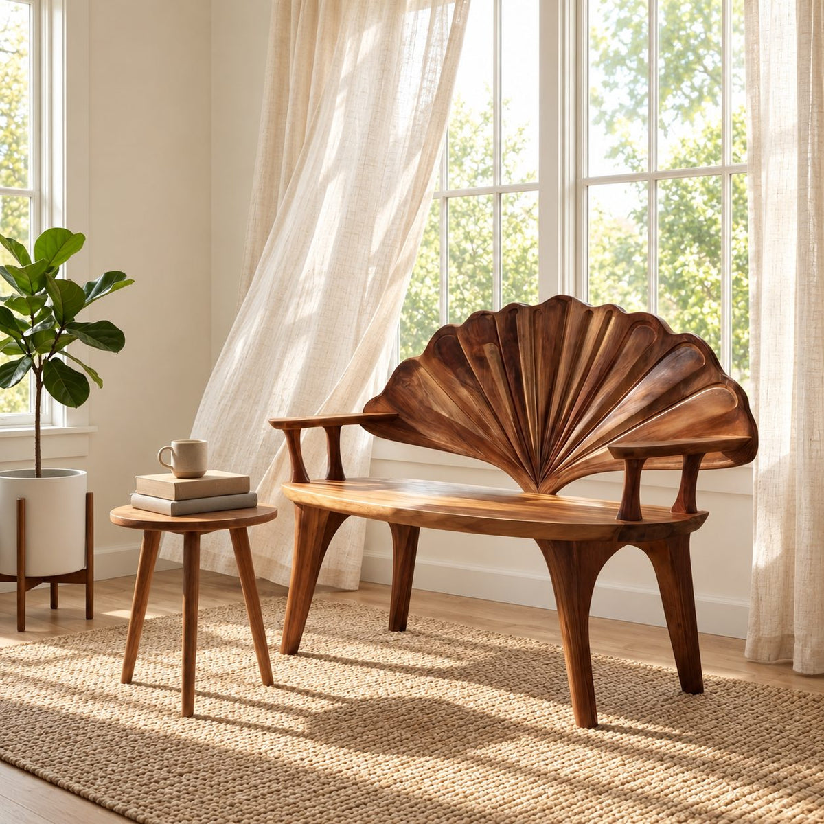 Ribbed Scallop Fan Back Bench, Carved Solid Wood Entryway Bench with Squared Arms and Arched Legs
