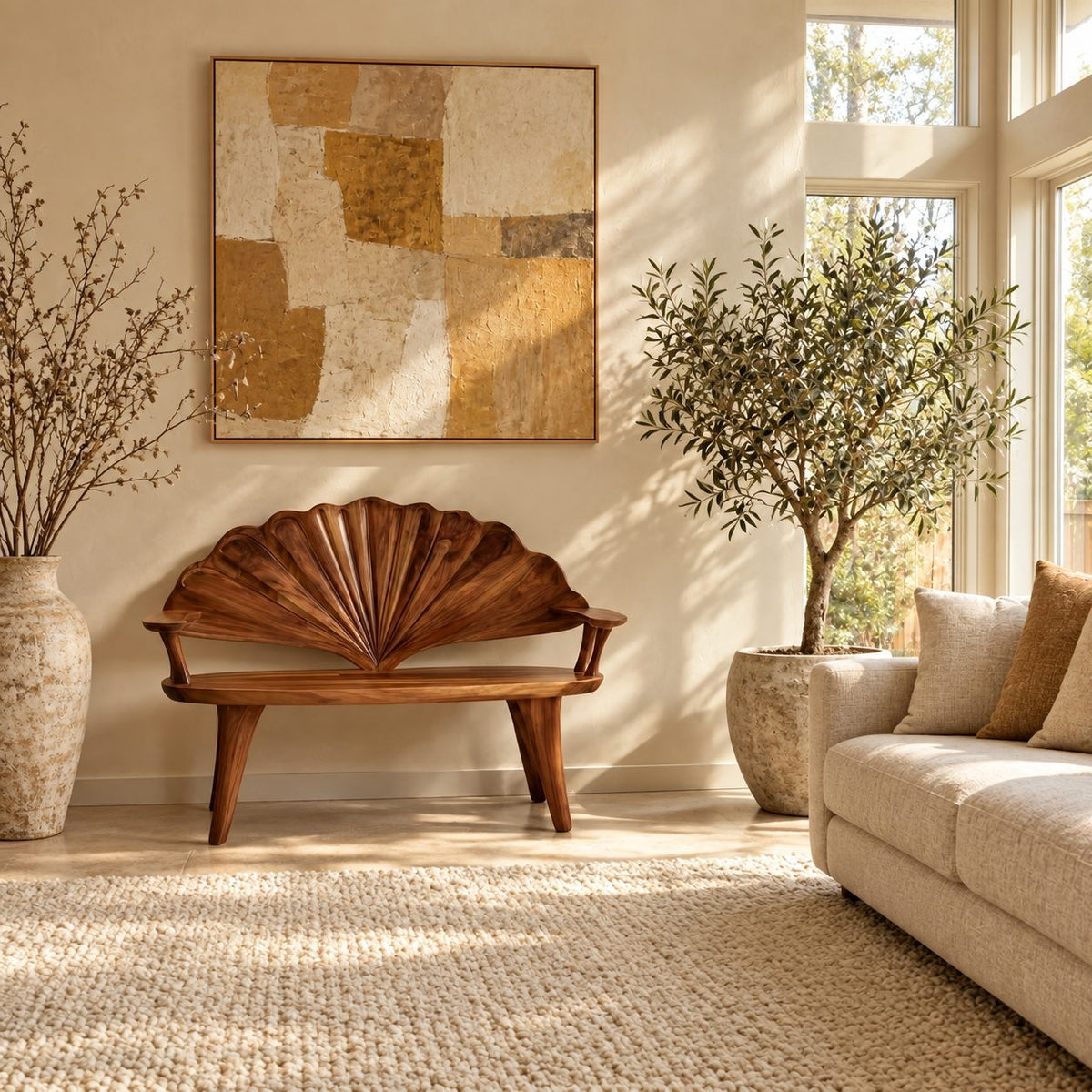Ribbed Scallop Fan Back Bench, Carved Solid Wood Entryway Bench with Squared Arms and Arched Legs