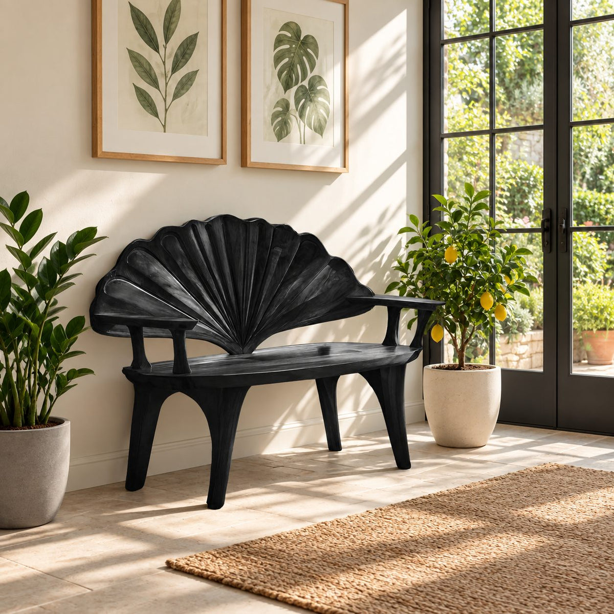 Ribbed Scallop Fan Back Bench, Carved Solid Wood Entryway Bench with Squared Arms and Arched Legs