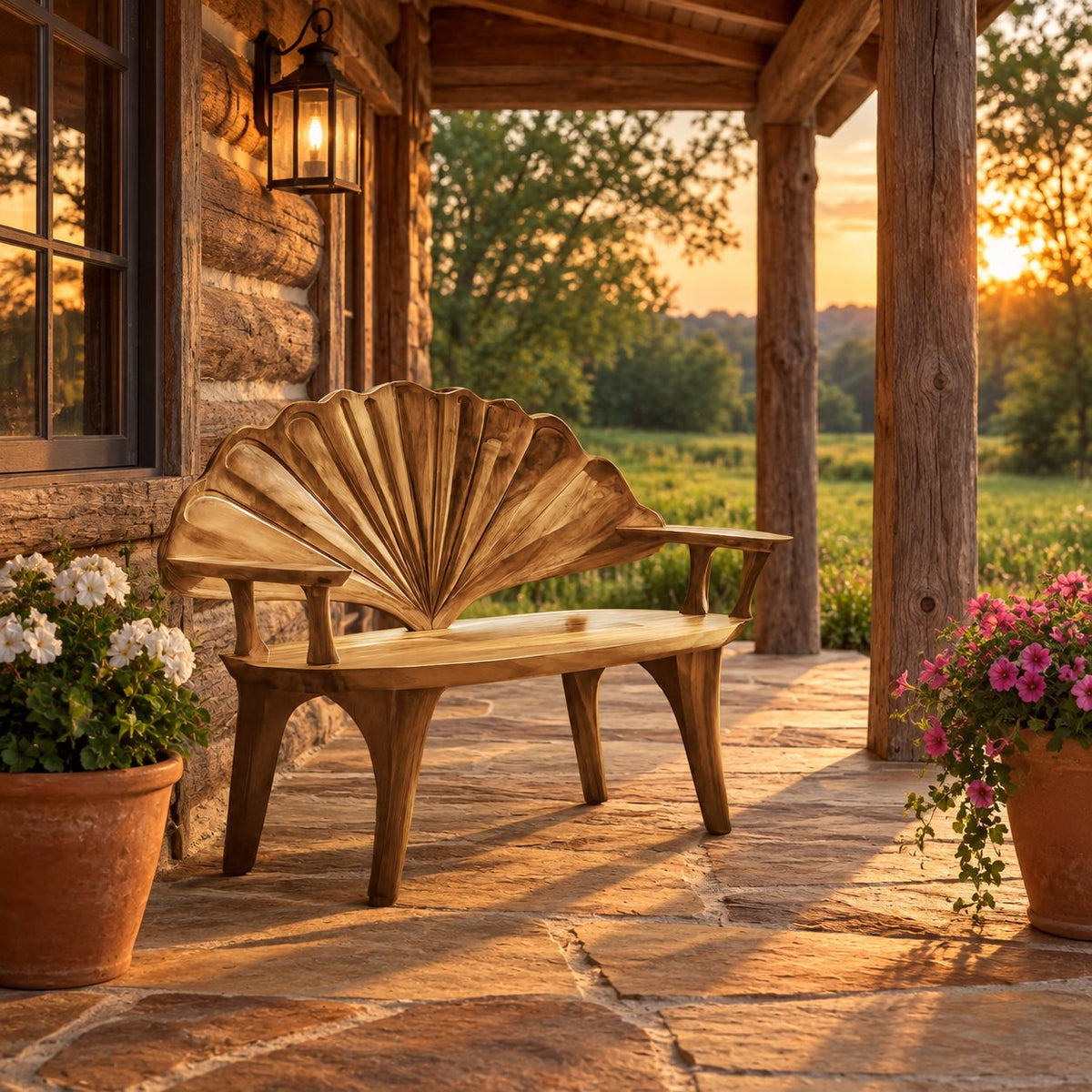 Ribbed Scallop Fan Back Bench, Carved Solid Wood Entryway Bench with Squared Arms and Arched Legs