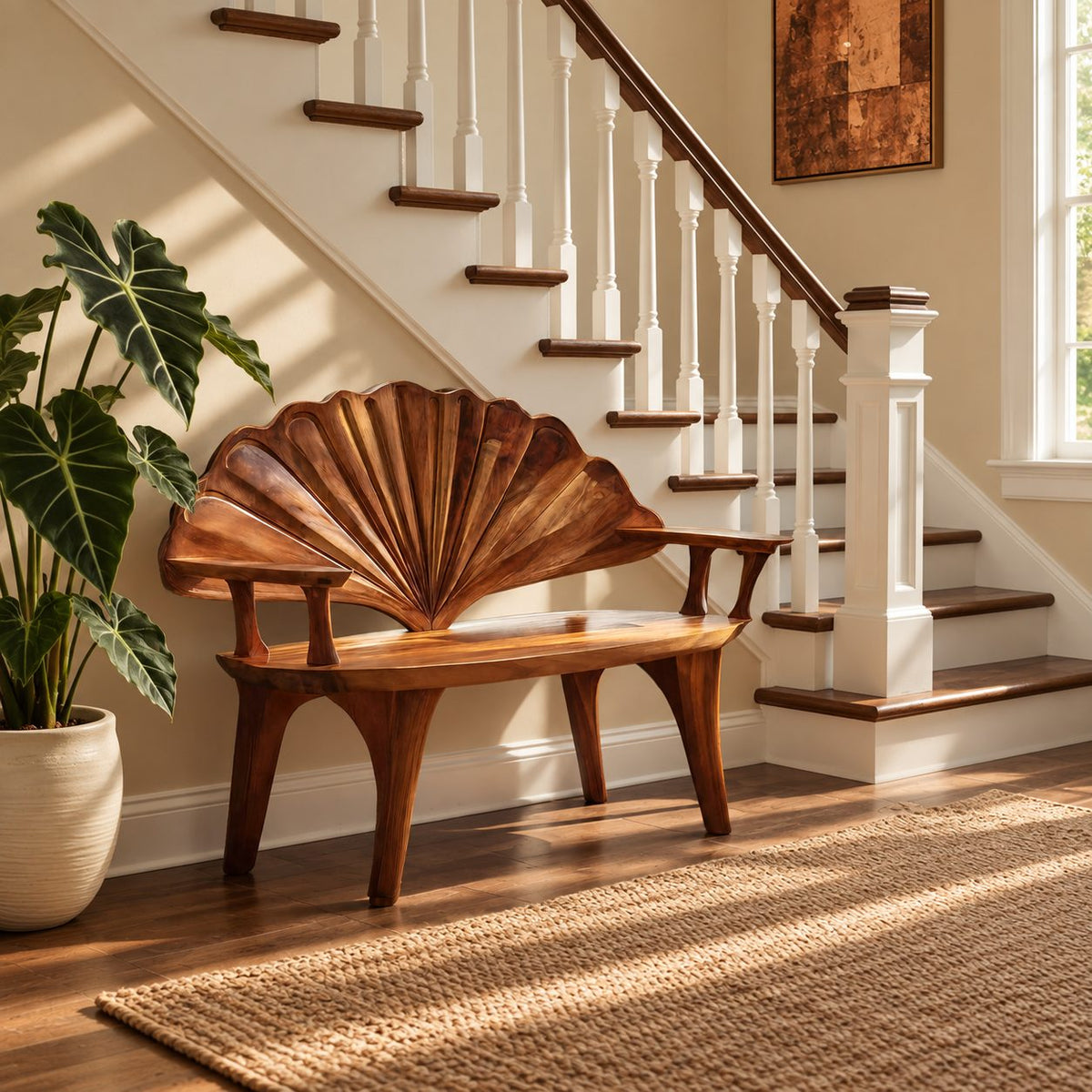 Ribbed Scallop Fan Back Bench, Carved Solid Wood Entryway Bench with Squared Arms and Arched Legs