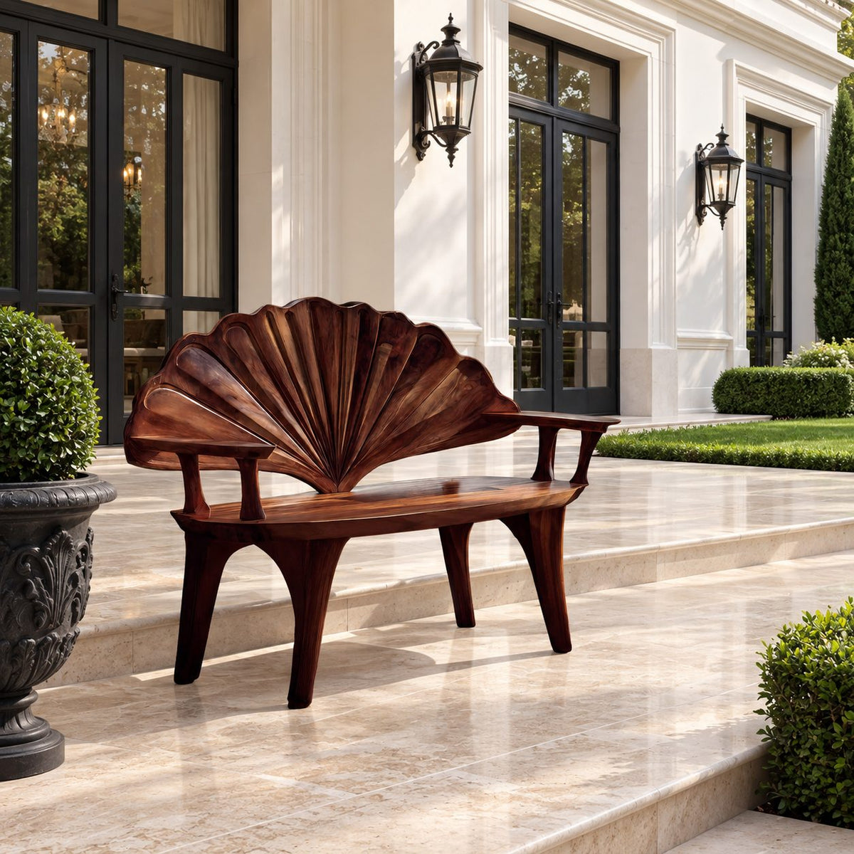 Ribbed Scallop Fan Back Bench, Carved Solid Wood Entryway Bench with Squared Arms and Arched Legs