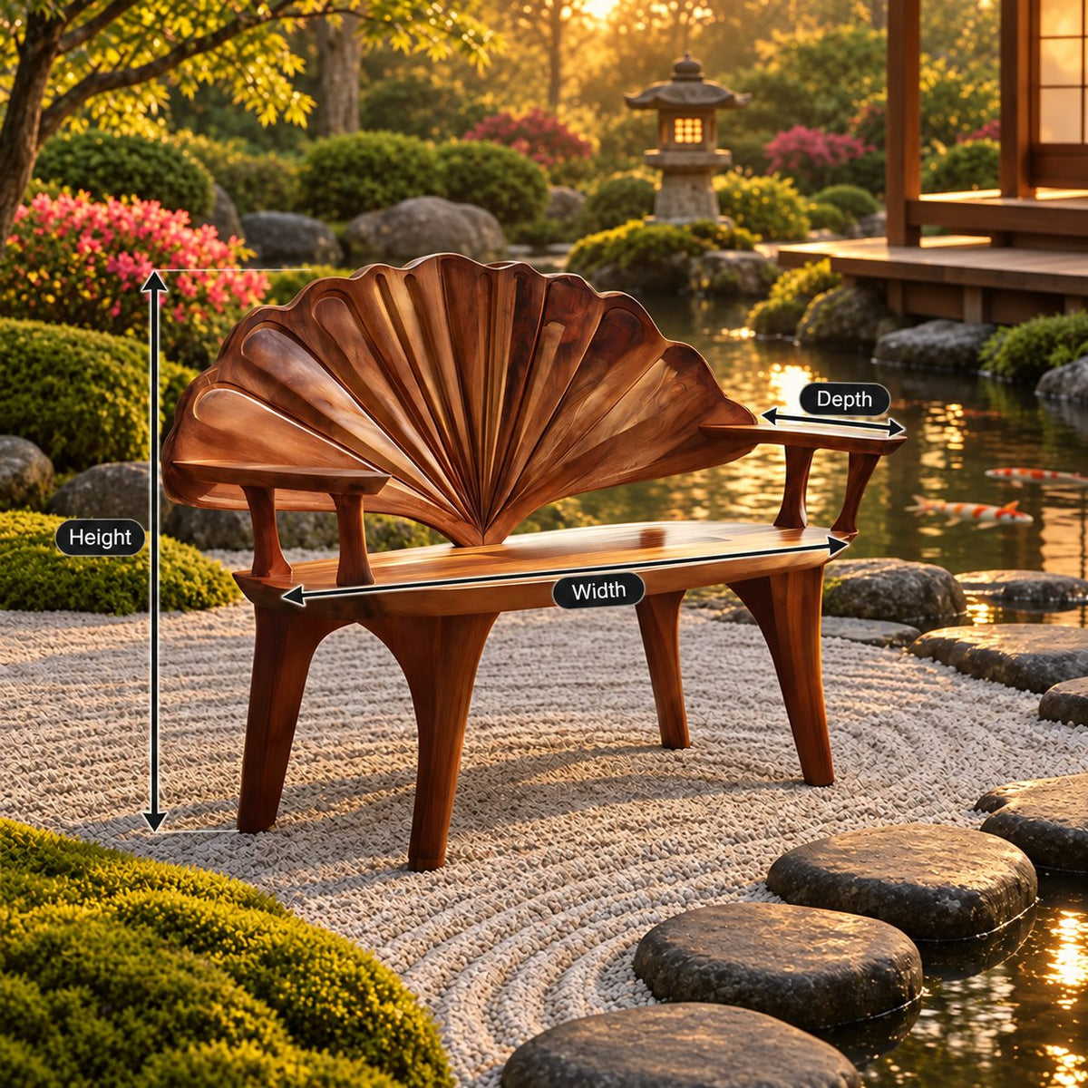 Ribbed Scallop Fan Back Bench, Carved Solid Wood Entryway Bench with Squared Arms and Arched Legs