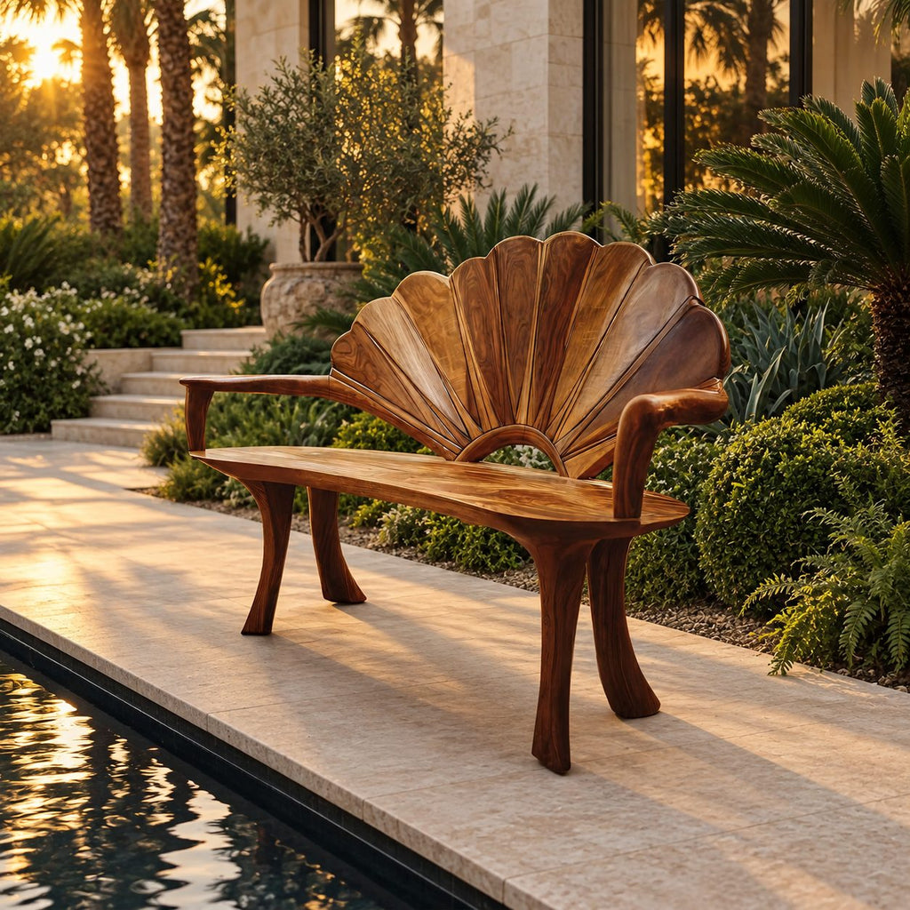 Sunrise Arch Fan Back Bench, Carved Solid Wood Garden and Entry Bench with Sweeping Arms