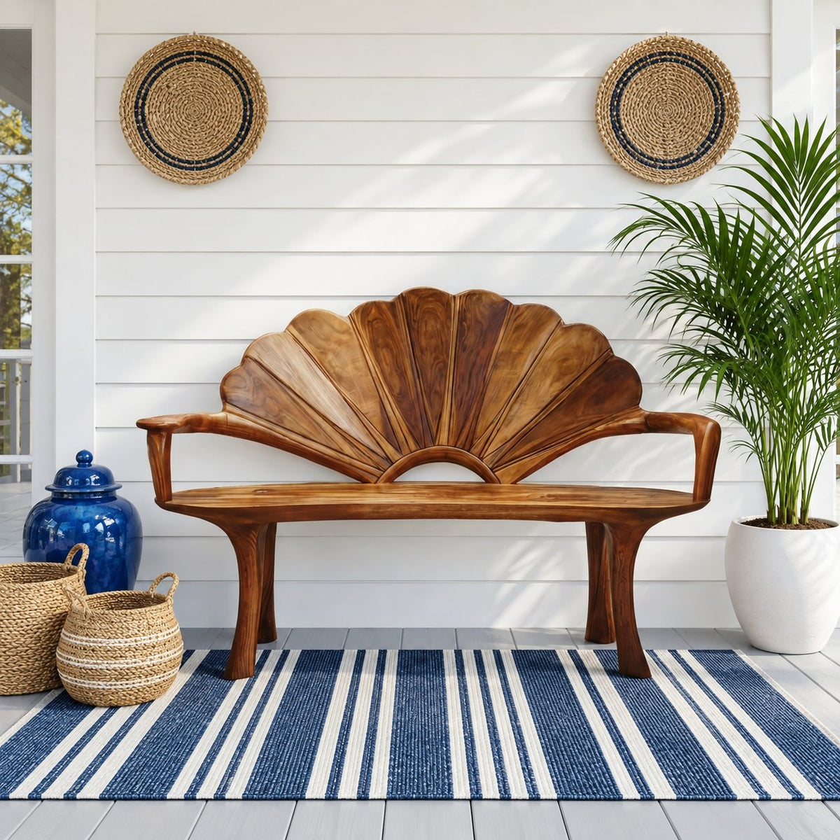 Sunrise Arch Fan Back Bench, Carved Solid Wood Garden and Entry Bench with Sweeping Arms