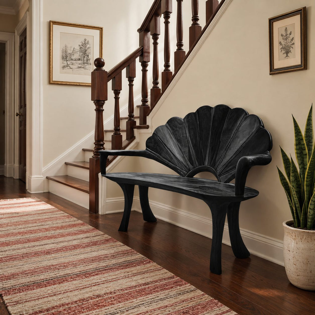 Sunrise Arch Fan Back Bench, Carved Solid Wood Garden and Entry Bench with Sweeping Arms