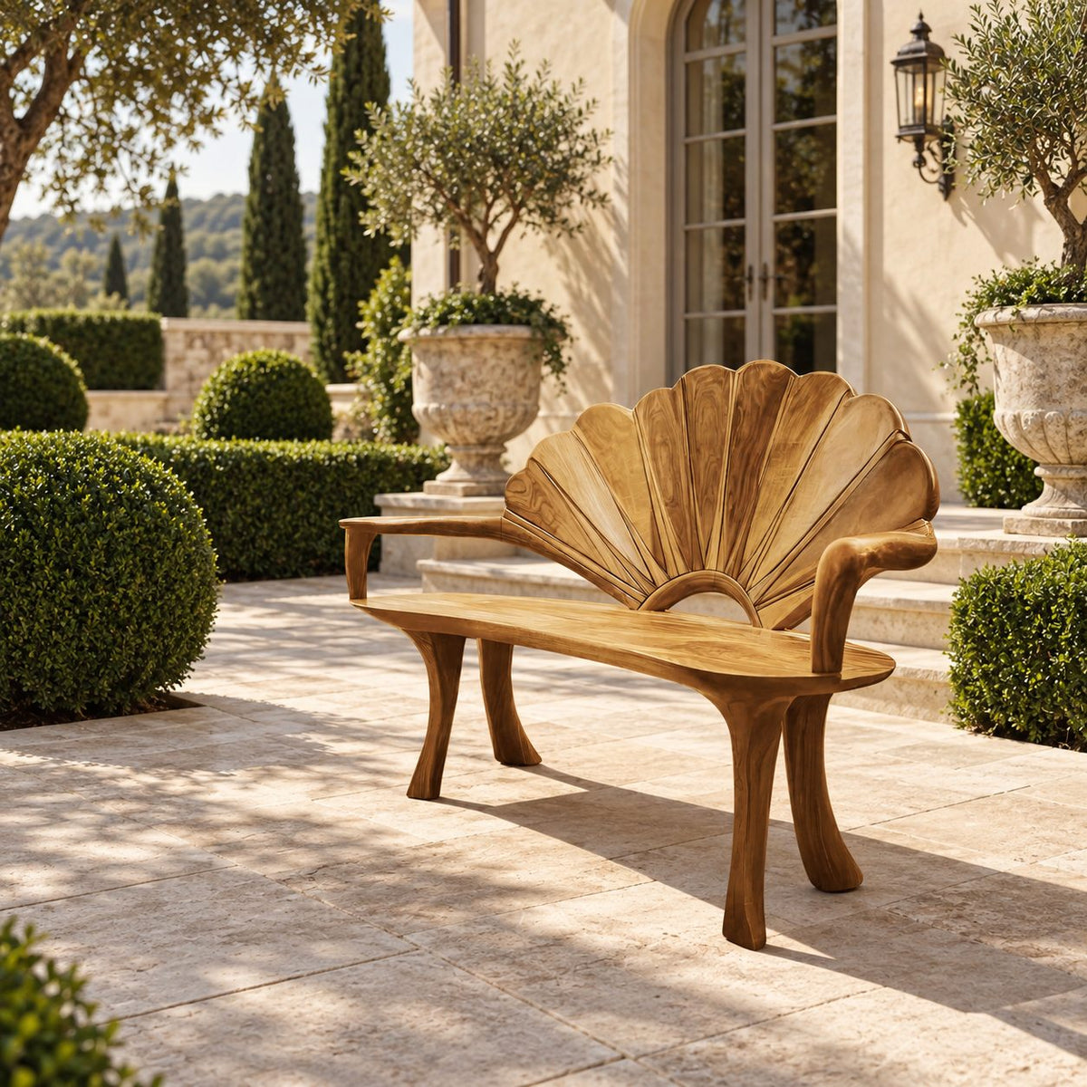 Sunrise Arch Fan Back Bench, Carved Solid Wood Garden and Entry Bench with Sweeping Arms