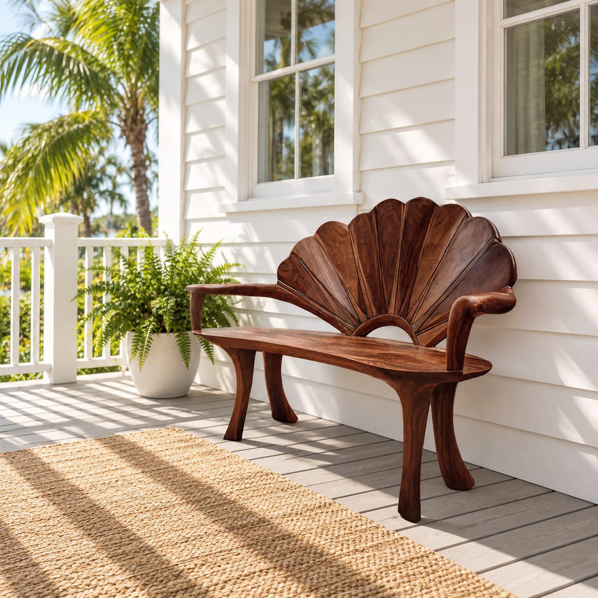 Sunrise Arch Fan Back Bench, Carved Solid Wood Garden and Entry Bench with Sweeping Arms