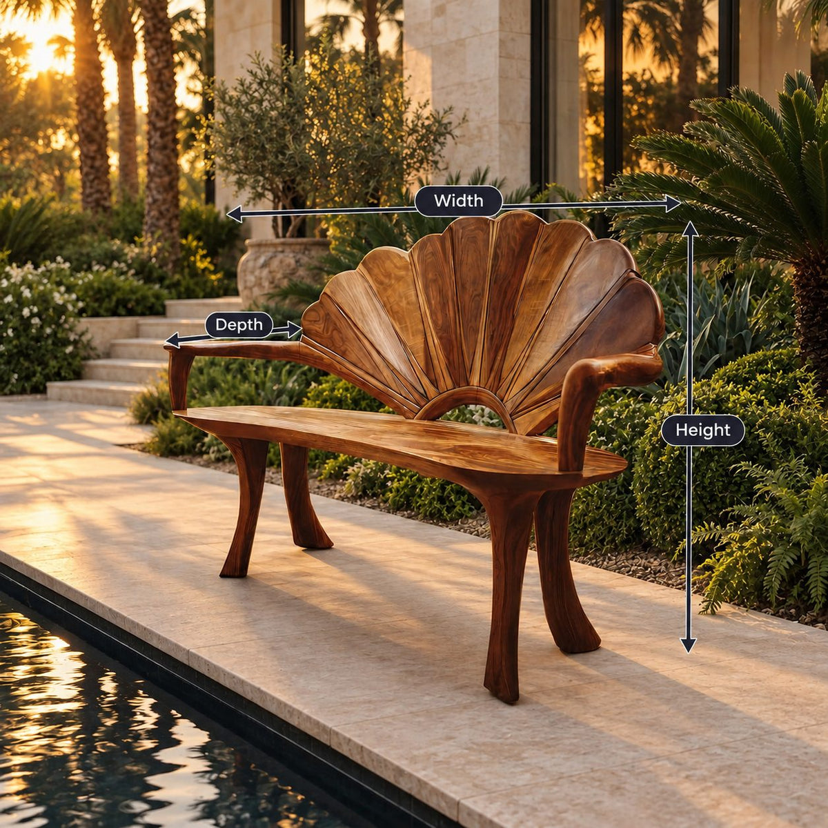 Sunrise Arch Fan Back Bench, Carved Solid Wood Garden and Entry Bench with Sweeping Arms