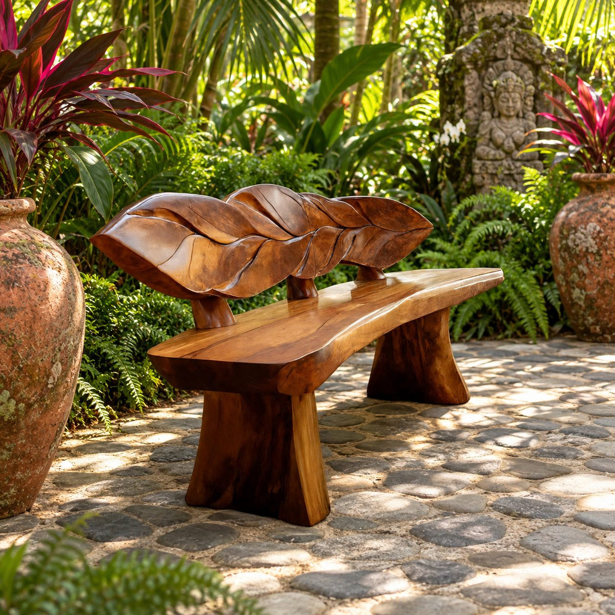 Overlapping Leaf Backrest Bench, Rustic Live Edge Solid Wood Entryway Bench on Chunky Flared Legs