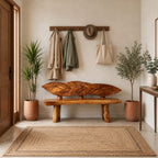 Overlapping Leaf Backrest Bench, Rustic Live Edge Solid Wood Entryway Bench on Chunky Flared Legs