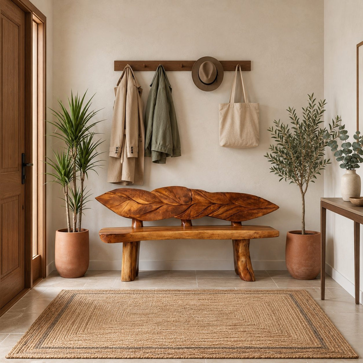 Overlapping Leaf Backrest Bench, Rustic Live Edge Solid Wood Entryway Bench on Chunky Flared Legs