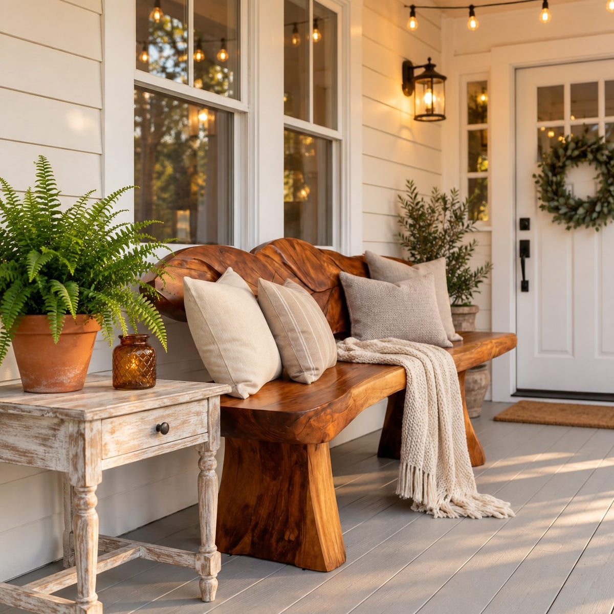 Overlapping Leaf Backrest Bench, Rustic Live Edge Solid Wood Entryway Bench on Chunky Flared Legs