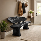 Overlapping Leaf Backrest Bench, Rustic Live Edge Solid Wood Entryway Bench on Chunky Flared Legs