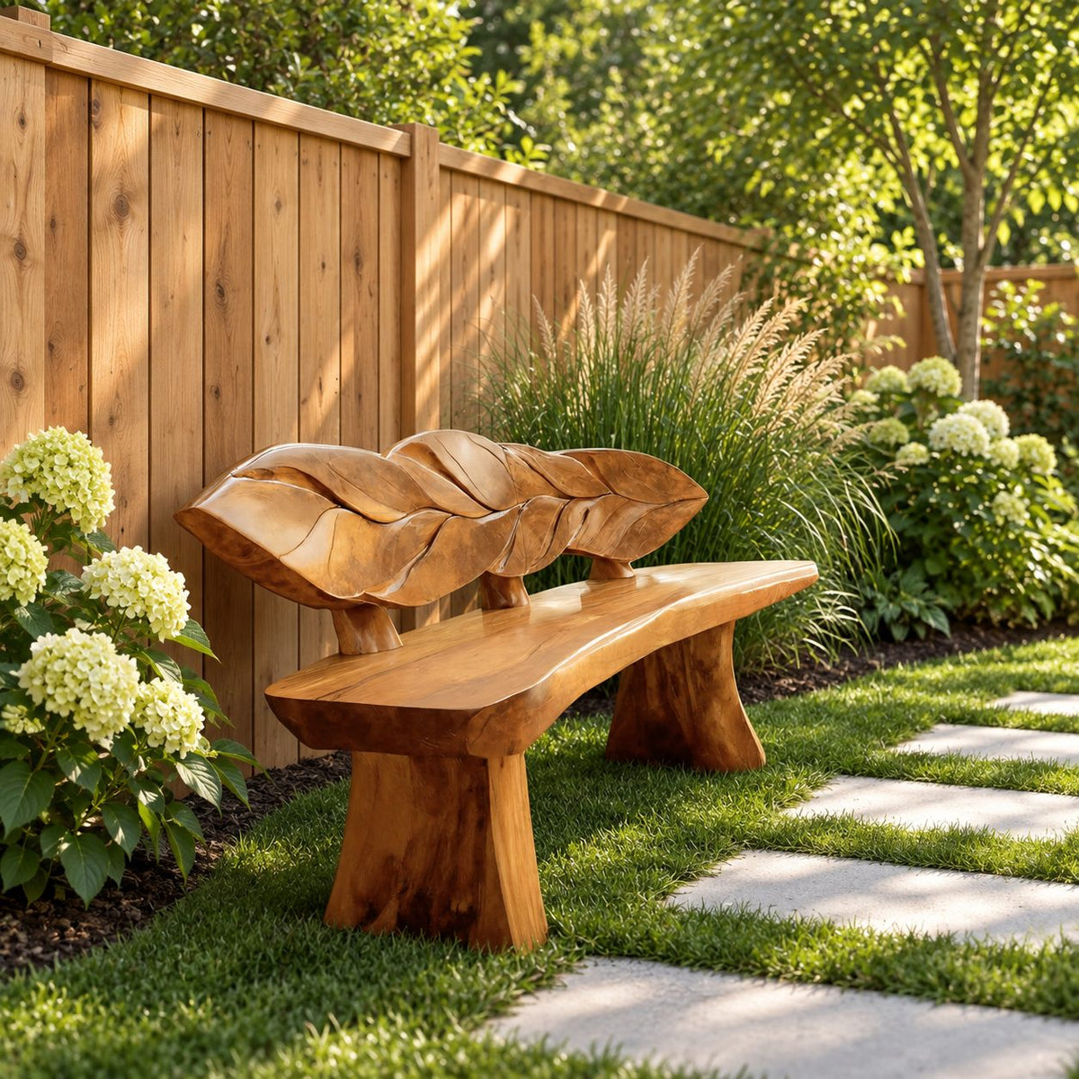 Overlapping Leaf Backrest Bench, Rustic Live Edge Solid Wood Entryway Bench on Chunky Flared Legs