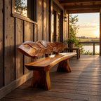 Overlapping Leaf Backrest Bench, Rustic Live Edge Solid Wood Entryway Bench on Chunky Flared Legs