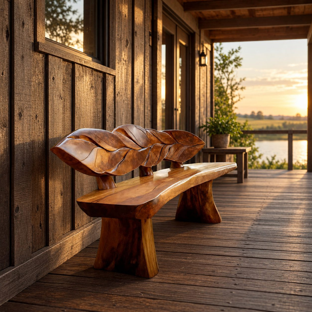 Overlapping Leaf Backrest Bench, Rustic Live Edge Solid Wood Entryway Bench on Chunky Flared Legs