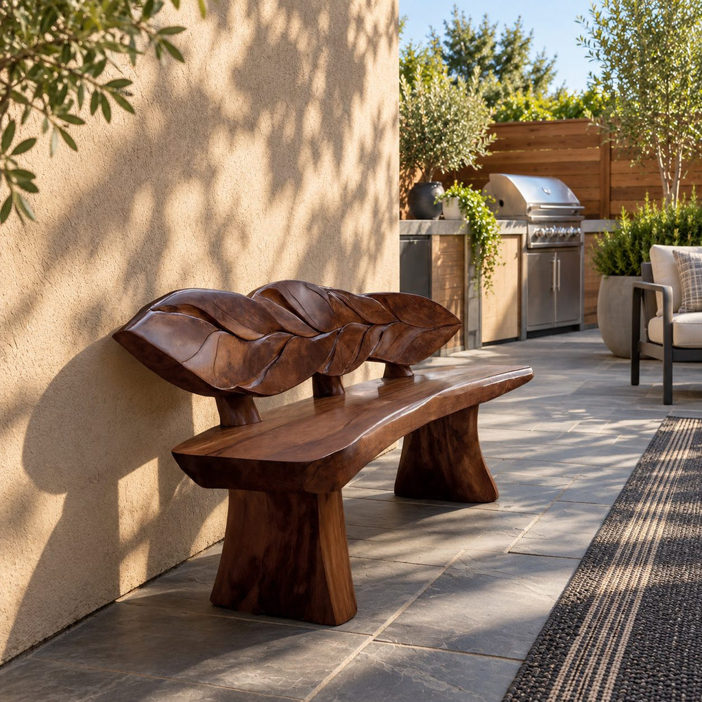 Overlapping Leaf Backrest Bench, Rustic Live Edge Solid Wood Entryway Bench on Chunky Flared Legs
