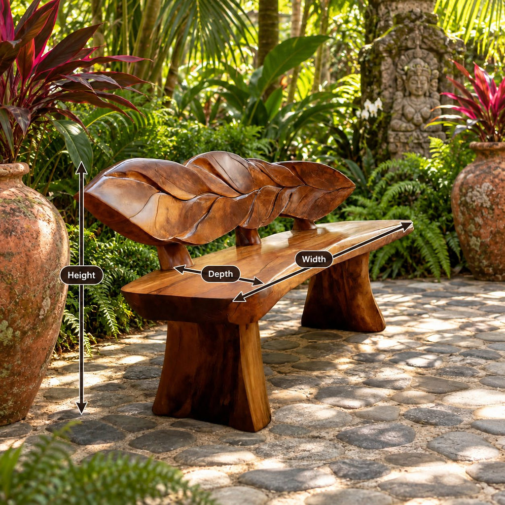 Overlapping Leaf Backrest Bench, Rustic Live Edge Solid Wood Entryway Bench on Chunky Flared Legs