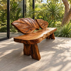 Double Leaf Carved Backrest Bench, Live Edge Solid Wood Entryway Bench on Chunky Flared Slab Legs