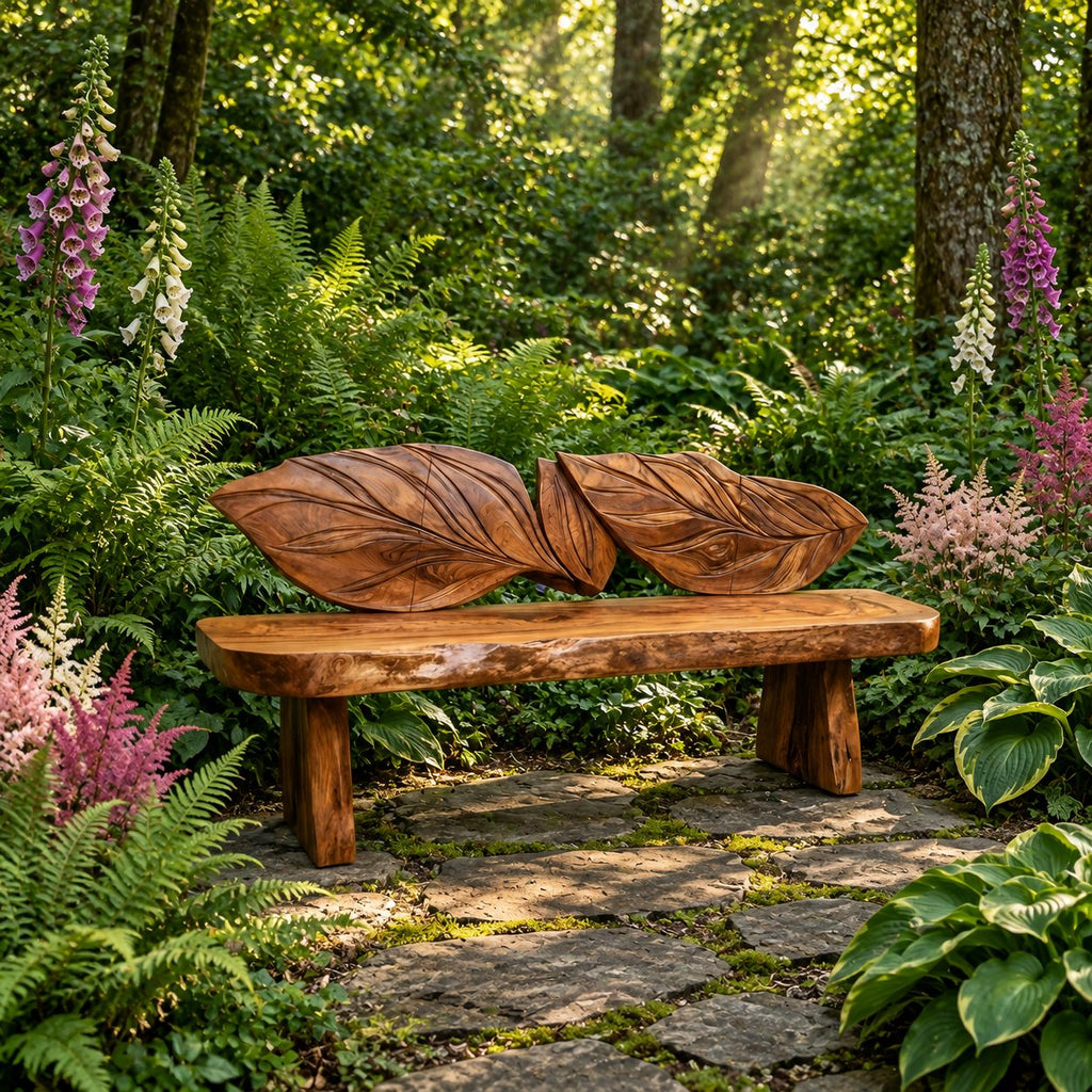 Double Leaf Carved Backrest Bench, Live Edge Solid Wood Entryway Bench on Chunky Flared Slab Legs