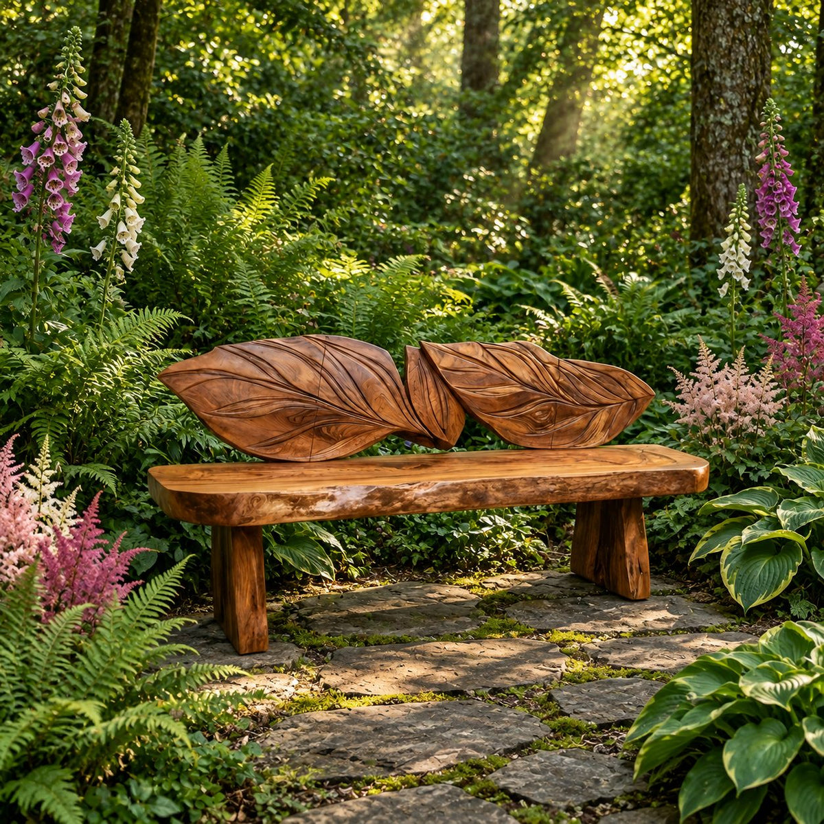 Double Leaf Carved Backrest Bench, Live Edge Solid Wood Entryway Bench on Chunky Flared Slab Legs