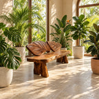 Double Leaf Carved Backrest Bench, Live Edge Solid Wood Entryway Bench on Chunky Flared Slab Legs