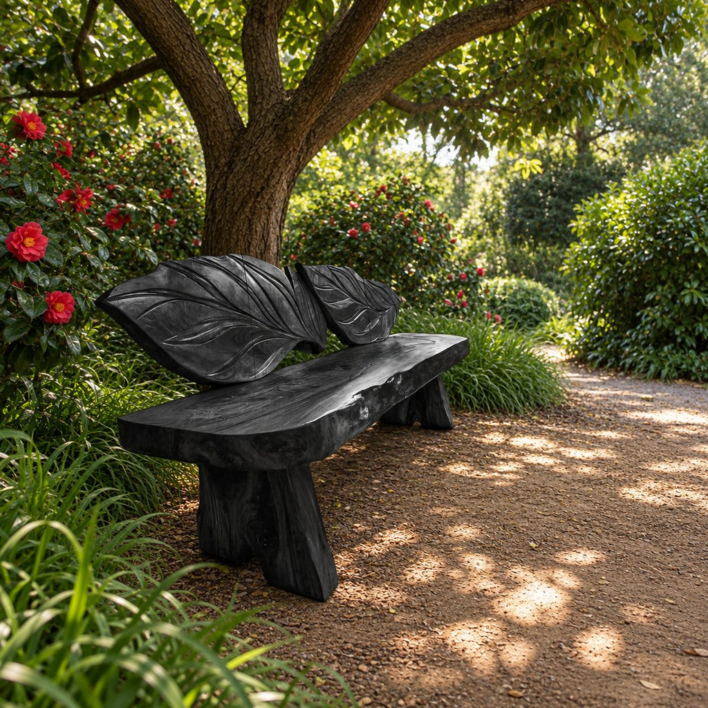 Double Leaf Carved Backrest Bench, Live Edge Solid Wood Entryway Bench on Chunky Flared Slab Legs