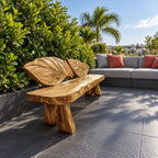 Double Leaf Carved Backrest Bench, Live Edge Solid Wood Entryway Bench on Chunky Flared Slab Legs