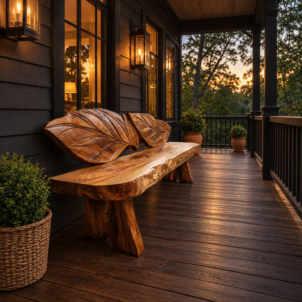 Double Leaf Carved Backrest Bench, Live Edge Solid Wood Entryway Bench on Chunky Flared Slab Legs