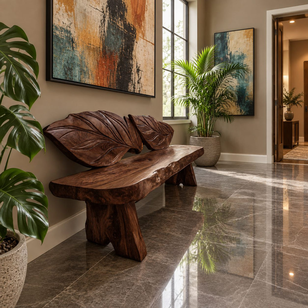 Double Leaf Carved Backrest Bench, Live Edge Solid Wood Entryway Bench on Chunky Flared Slab Legs