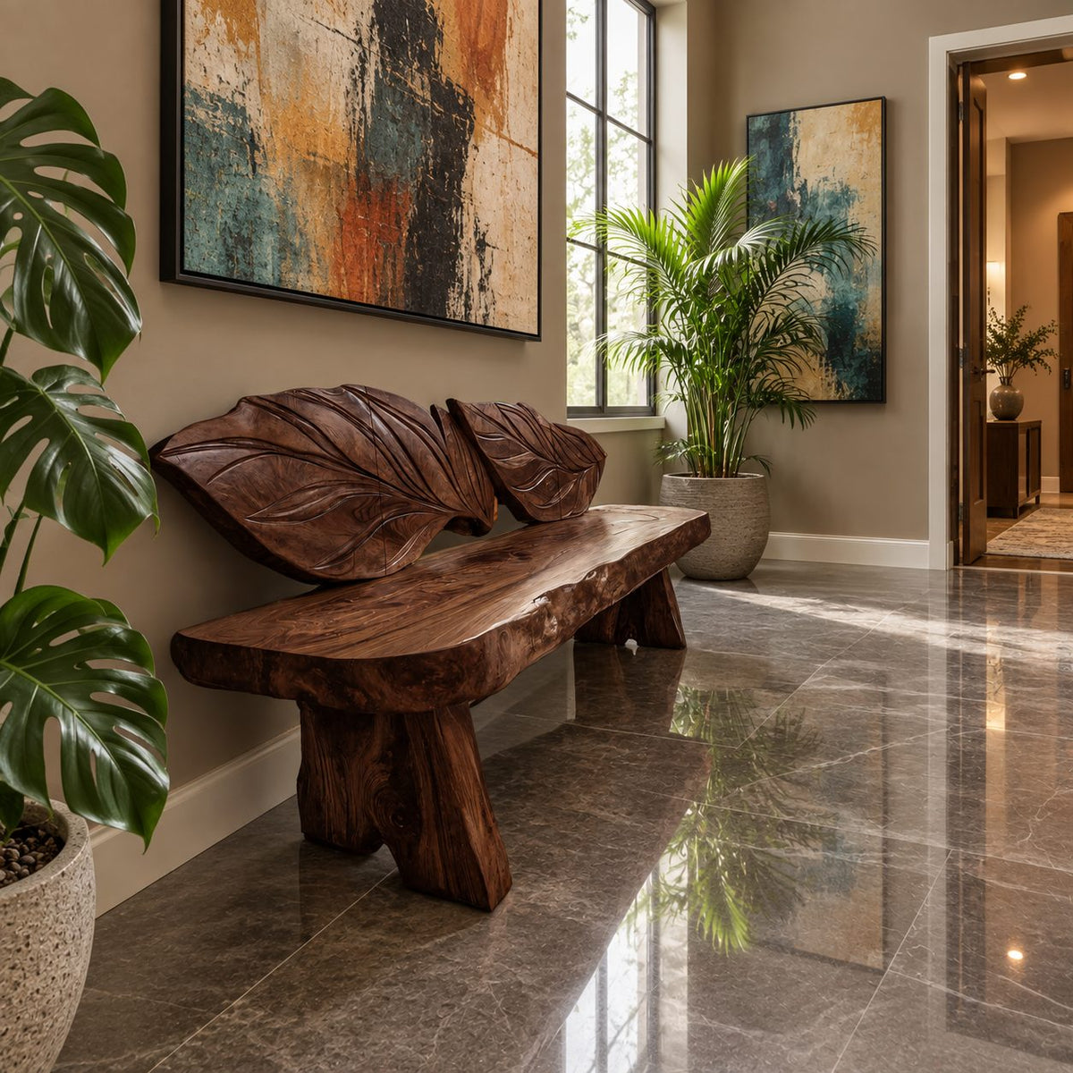 Double Leaf Carved Backrest Bench, Live Edge Solid Wood Entryway Bench on Chunky Flared Slab Legs