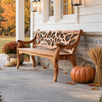 Branch Lattice Back Garden Bench, Carved Solid Wood Porch Bench with Sweeping Arms and Curved Legs