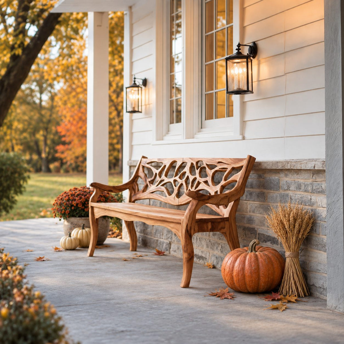 Branch Lattice Back Garden Bench, Carved Solid Wood Porch Bench with Sweeping Arms and Curved Legs