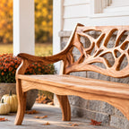Branch Lattice Back Garden Bench, Carved Solid Wood Porch Bench with Sweeping Arms and Curved Legs