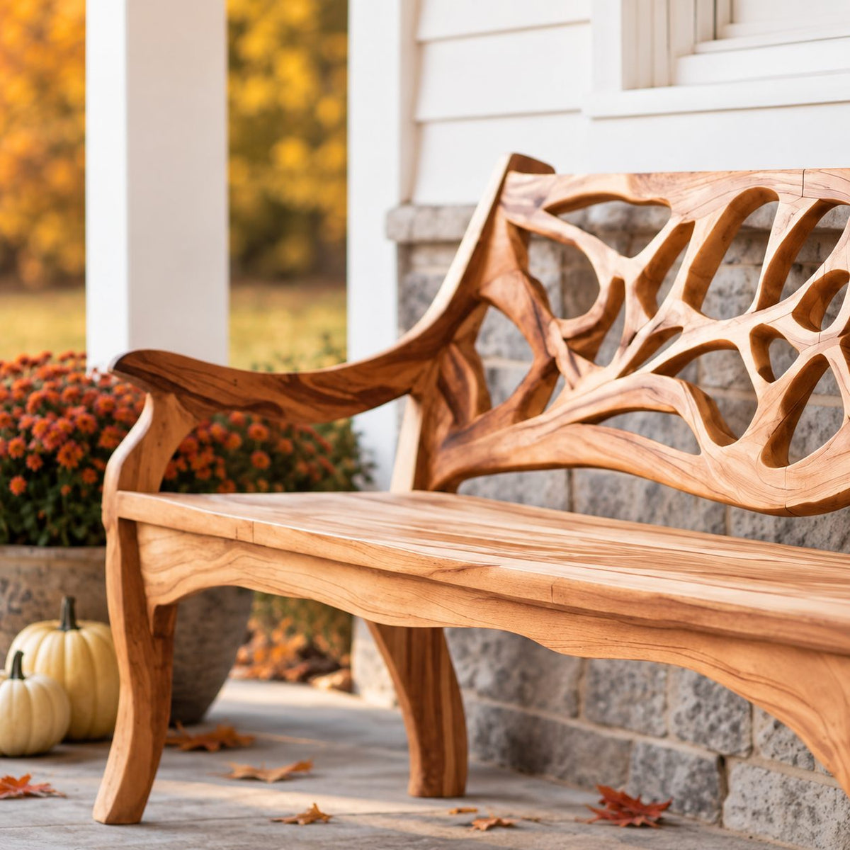 Branch Lattice Back Garden Bench, Carved Solid Wood Porch Bench with Sweeping Arms and Curved Legs