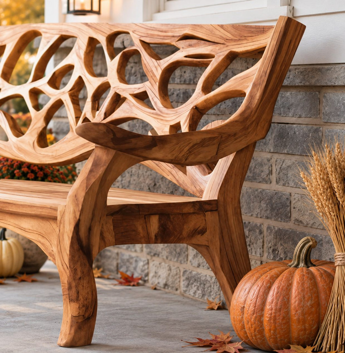 Branch Lattice Back Garden Bench, Carved Solid Wood Porch Bench with Sweeping Arms and Curved Legs