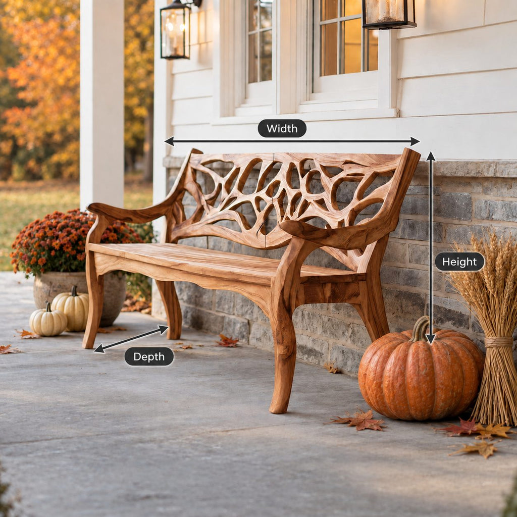 Branch Lattice Back Garden Bench, Carved Solid Wood Porch Bench with Sweeping Arms and Curved Legs
