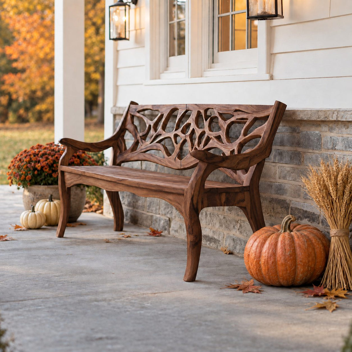 Branch Lattice Back Garden Bench, Carved Solid Wood Porch Bench with Sweeping Arms and Curved Legs